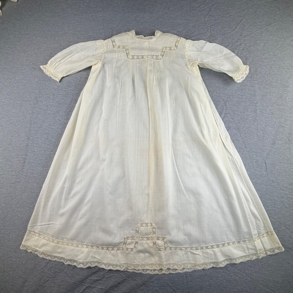 Antique Edwardian White Cotton Lace Embroidered Christening Gown Baptism Dress